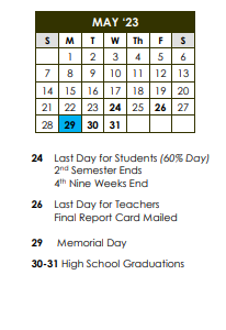 District School Academic Calendar for John Hopkins Elementary School for May 2023