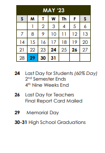 District School Academic Calendar for Pecan Park Elementary School for May 2023