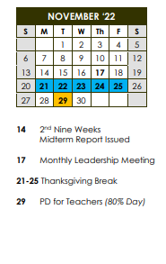 District School Academic Calendar for Isable Elementary School for November 2022