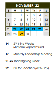 District School Academic Calendar for John Hopkins Elementary School for November 2022