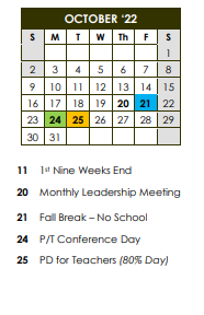District School Academic Calendar for French Elementary School for October 2022
