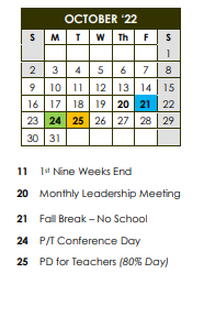 District School Academic Calendar for Wingfield High School for October 2022