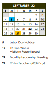 District School Academic Calendar for Lester Elementary School for September 2022
