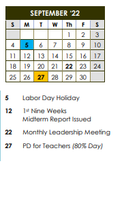 District School Academic Calendar for Power Apac School for September 2022