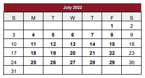 District School Academic Calendar for Jasper H S for July 2022
