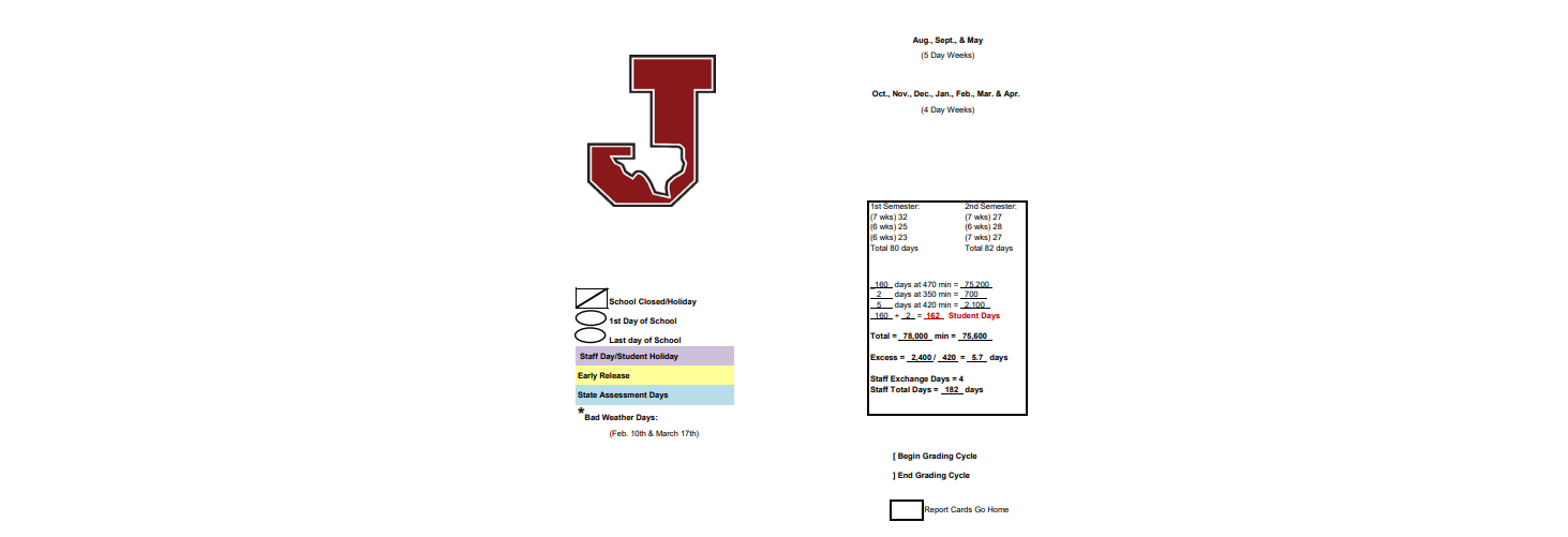 District School Academic Calendar Key for Jasper Junior High