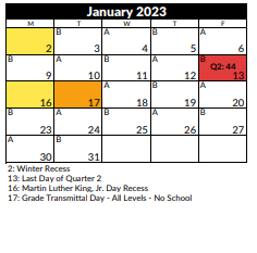 District School Academic Calendar for Sunrise School for January 2023