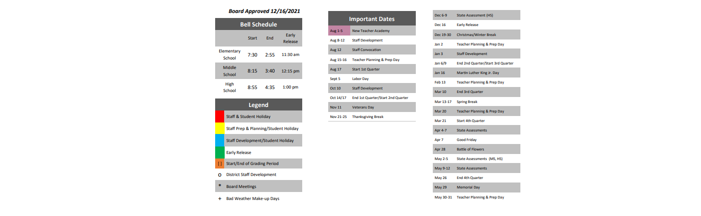 District School Academic Calendar Key for Crestview Elementary