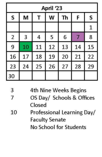 District School Academic Calendar for Dunbar Primary Center for April 2023