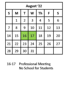 District School Academic Calendar for Dunbar Intermediate Center for August 2022