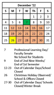 District School Academic Calendar for John Adams Middle School for December 2022