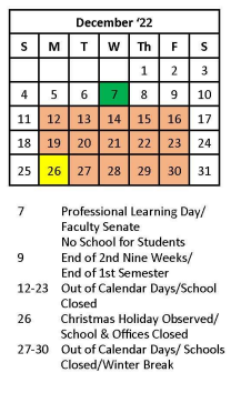 District School Academic Calendar for South Charleston Middle School for December 2022