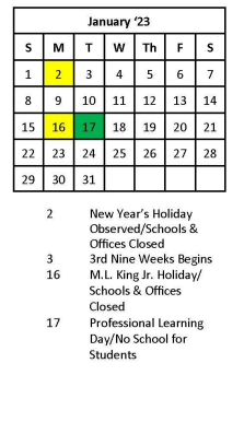 District School Academic Calendar for Bridge Elementary School for January 2023
