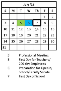 District School Academic Calendar for Dunbar Middle School for July 2022