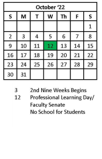 District School Academic Calendar for Belle Elementary School for October 2022