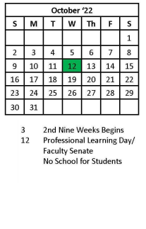 District School Academic Calendar for Elk Elementary Center for October 2022