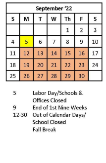 District School Academic Calendar for Grandview Elementary School for September 2022
