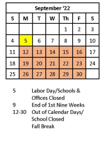 District School Academic Calendar for Pinch Elementary School for September 2022