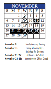 District School Academic Calendar for Central Elementary School for November 2022