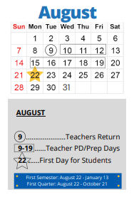 District School Academic Calendar for Holliday Montessori for August 2022