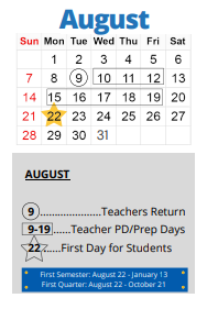 District School Academic Calendar for Richardson Elementary for August 2022