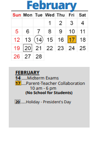 District School Academic Calendar for K C Middle School Of The Arts for February 2023