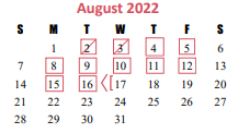 District School Academic Calendar for Joella Exley Elementary for August 2022