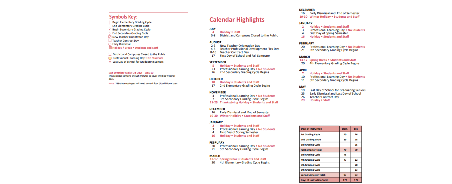 District School Academic Calendar Key for West Memorial Junior High