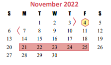 District School Academic Calendar for Katy Elementary for November 2022