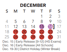 District School Academic Calendar for Bear Creek Intermediate for December 2022