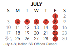 District School Academic Calendar for Indian Springs Middle School for July 2022