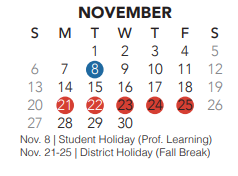 District School Academic Calendar for Whitley Road Elementary for November 2022