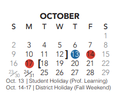 District School Academic Calendar for New Direction Lrn Ctr for October 2022