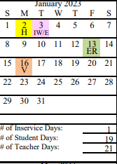 District School Academic Calendar for Connections for January 2023