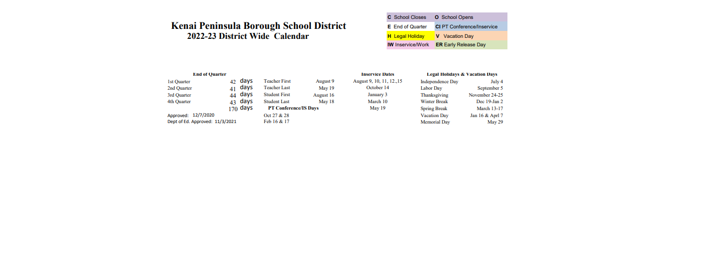 District School Academic Calendar Key for Chapman School