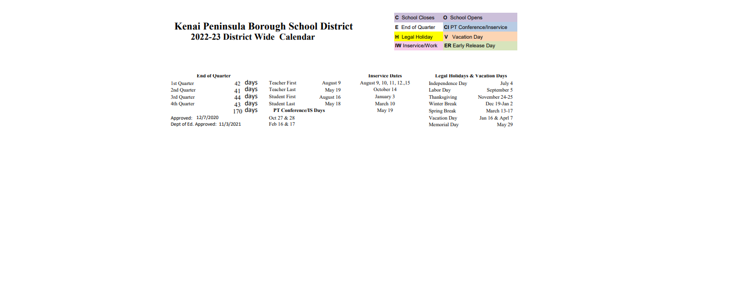 District School Academic Calendar Key for Soldotna Montessori Charter School