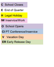 District School Academic Calendar Legend for Chapman School