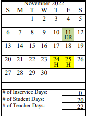 District School Academic Calendar for Aurora Borealis Charter School for November 2022