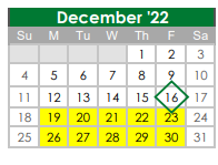 District School Academic Calendar for Kennedale H S for December 2022