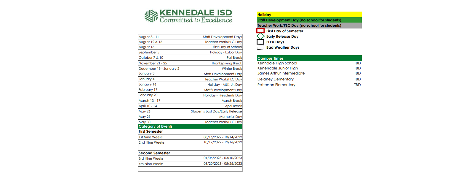 District School Academic Calendar Key for Kennedale H S