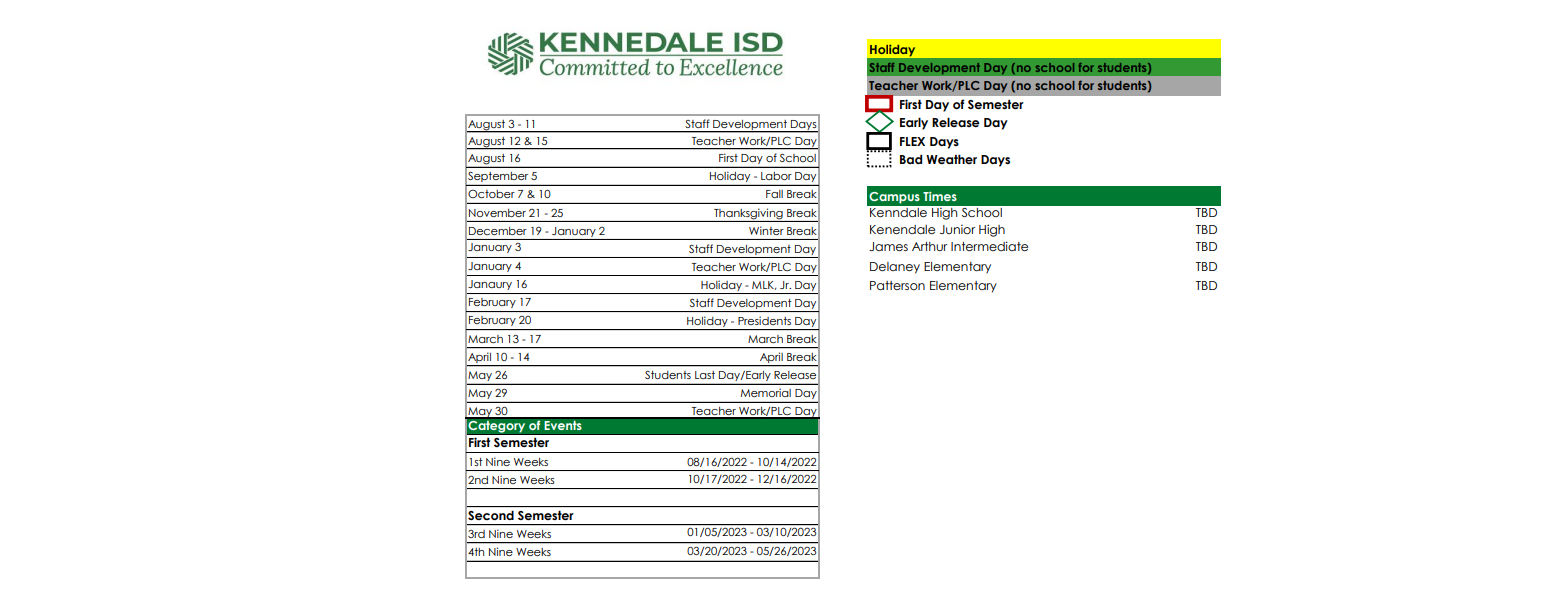 District School Academic Calendar Key for Kennedale Alter Ed Prog