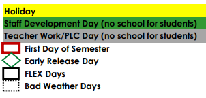 District School Academic Calendar Legend for Kennedale Alter Ed Prog