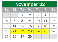 District School Academic Calendar for James A Arthur Intermediate School for November 2022