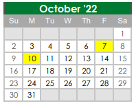 District School Academic Calendar for James A Arthur Intermediate School for October 2022