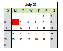 District School Academic Calendar for Pleasant Prairie Elementary for July 2022