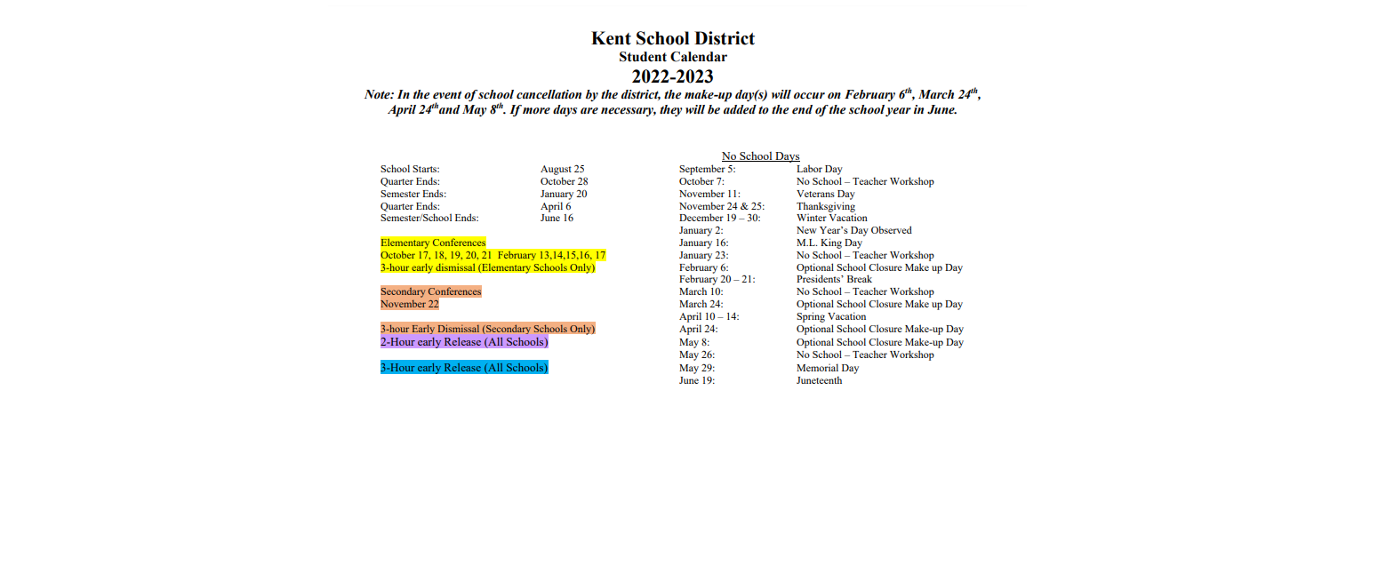 District School Academic Calendar Key for Soos Creek Elementary School