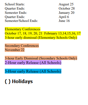 District School Academic Calendar Legend for Kent Elementary School