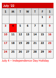 District School Academic Calendar for Chandler Elementary for July 2022