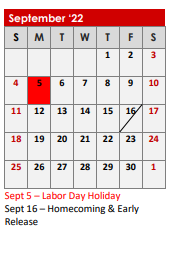 District School Academic Calendar for Chandler Elementary for September 2022