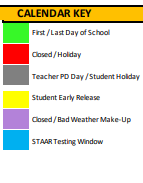 District School Academic Calendar Legend for Saegert Elementary